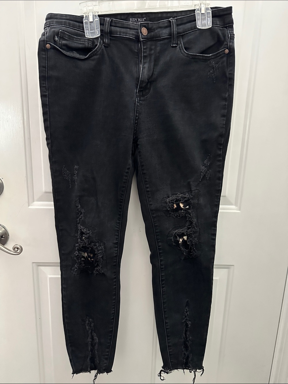 Judy Blue Black Distressed Skinny Jeans with Raw Hem and Animal Print